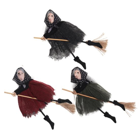 Halloween Witch Doll Small Hangable Witch Ornament Decorative Flying Witch Figurine On Broomstick for Indoor Outdoor Tree Home Kitchen Decor