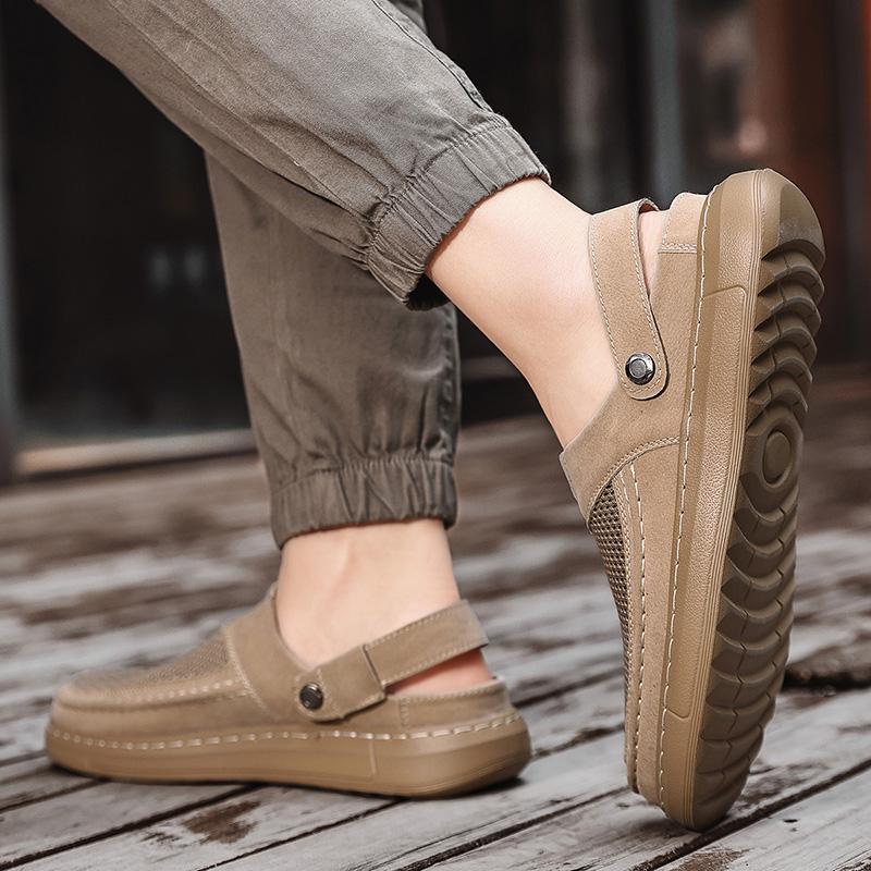 Fashion Man's Outdoor Hollow Out Leather Shoes Summer New Sandals Luxury Quality Cowhide Beach Sandals Anti Slip Dual-use Men Slippers