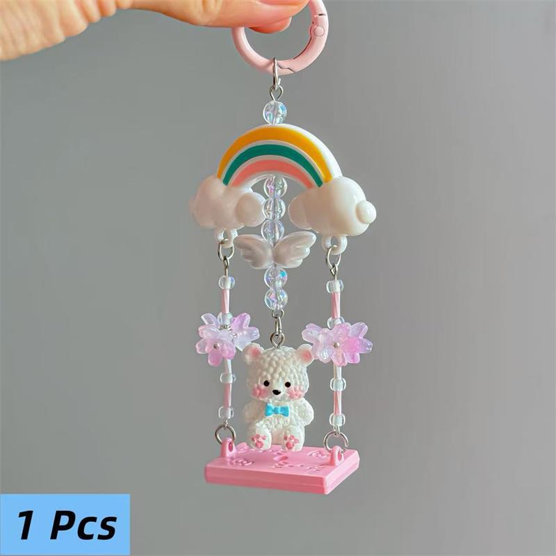 

| Rainbow Swing Bear Keychain, Cute Teddy Bear Beaded Flowers Bag Charm,Kawaii Gift Phone Strap Lanyard for Women Girls