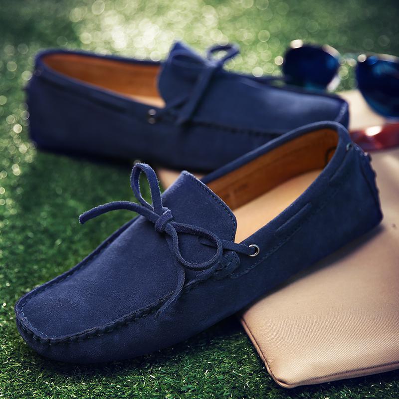 Blue Leather Suede Loafers Men Casual Shoes Moccasins Handmade Slip On Men's Flats Fashion Men Shoes Male Driving Shoes Size 48