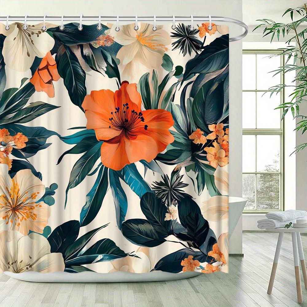 1Pc Vibrant Hibiscus Shower Curtain - Realistic Textured Digital Print Orange Flowers & Green Leaves, 70X70 Inch Polyester Bathr