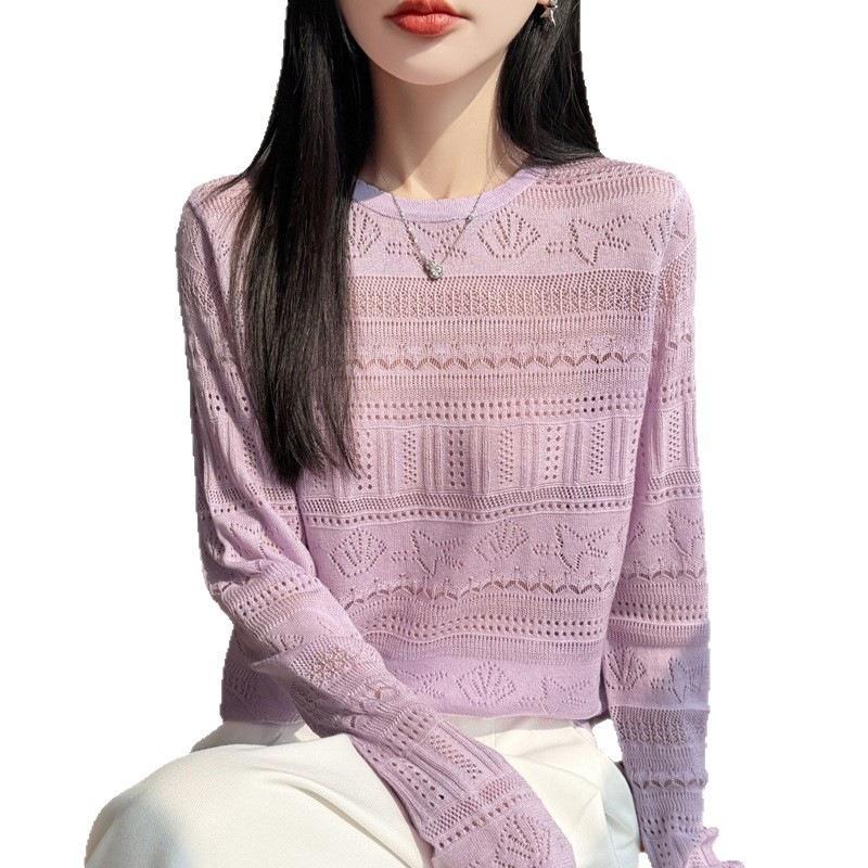 Women S Loose Long Sleeve Round Neck Cutout Knit Sweater Base Layer