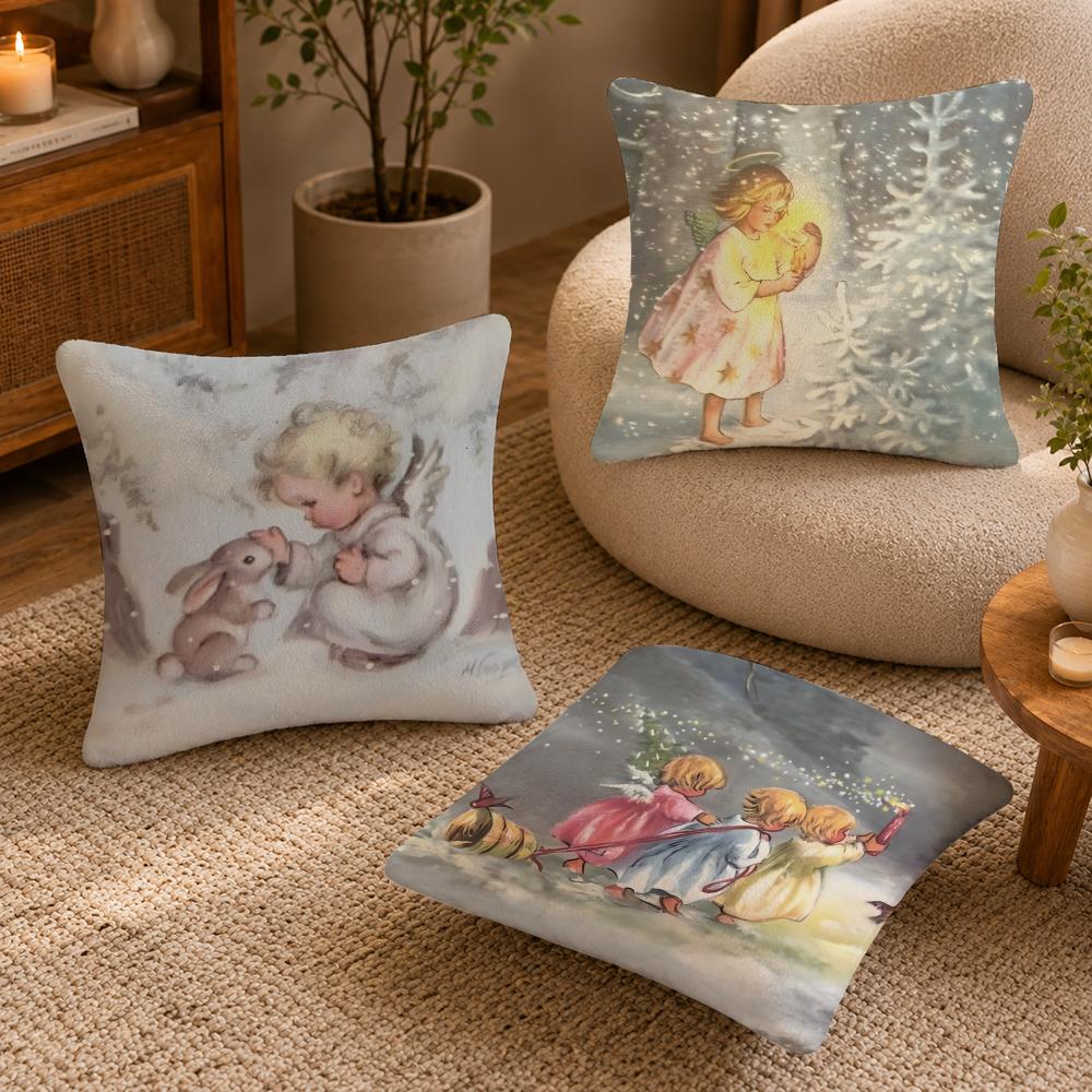 vintage little angel Cushion Cover Anti-dustmite Pillowcase Invisible zipper silky short plush Sofa cushion cover