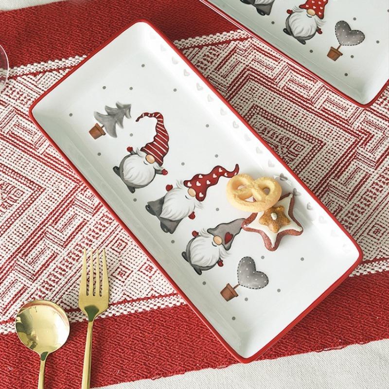Nordic Rectangular Ceramic Santa Claus Plate Creative Christmas Plating Ceramic Flat Plate Kitchen Embossed Western Tableware