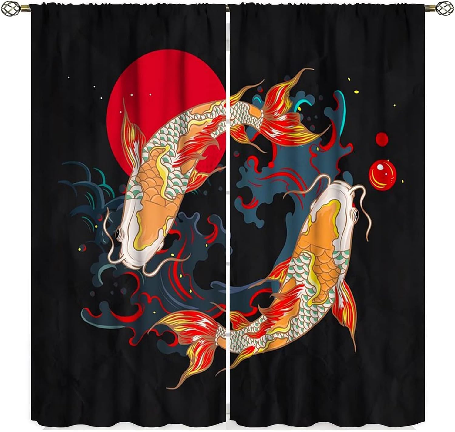 Koi Fish Curtains,Japanese Traditional Style Fantasy Yin Yang Big Wave Koi Cherry Blossom Room Window Curtains,42x45in Decor 60×150cm