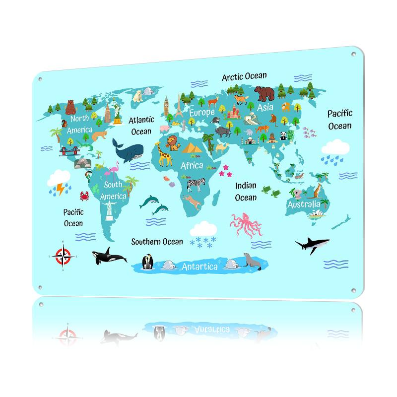 Kids World Map Printed Poster Customized Wall Art Retro Vintage Metal Tin Signs for Gaming Room Decoration Garage Decorations