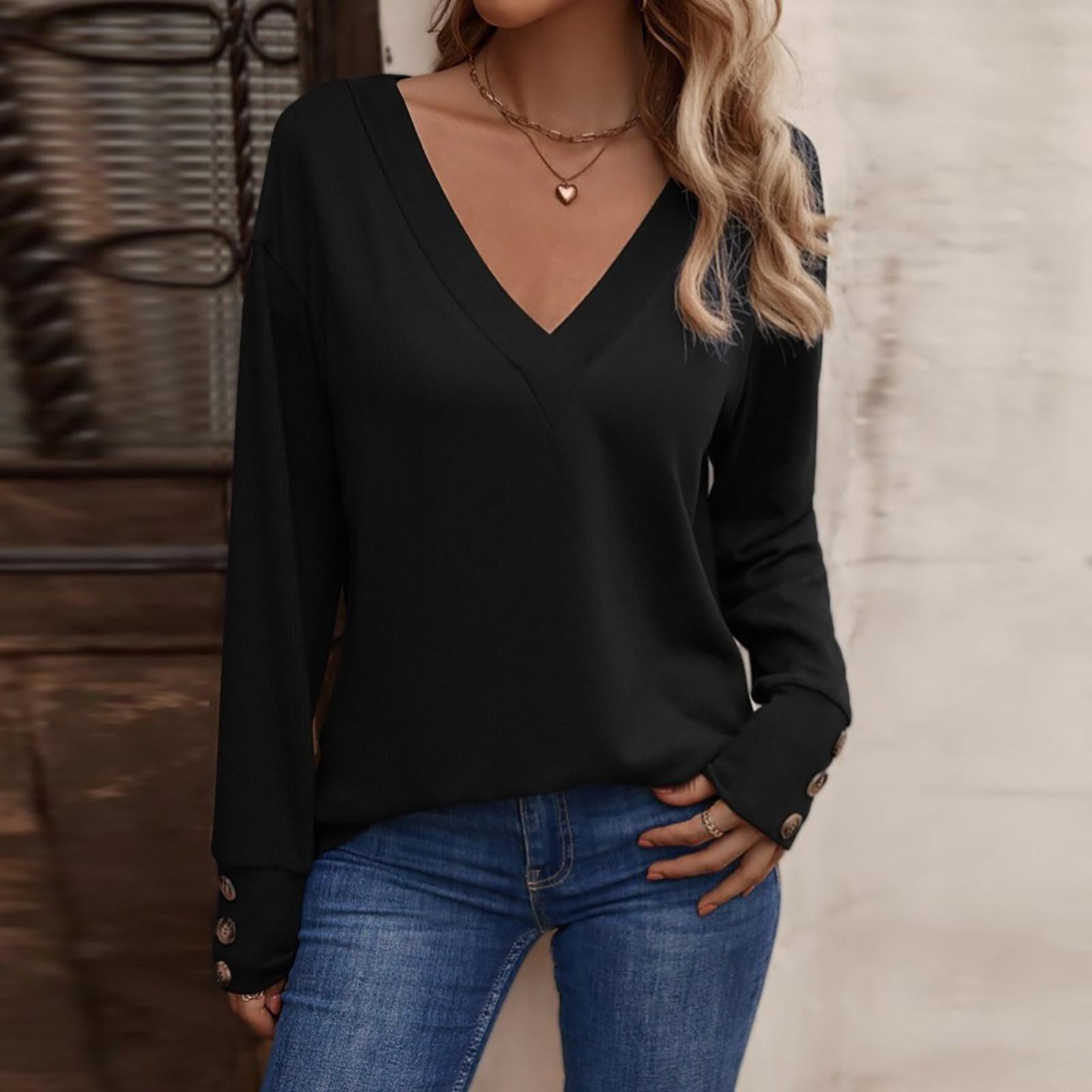 

Women s Fashion Solid Color V-neck Loose Long Sleeve Button Casual T-shirt Top M чорний