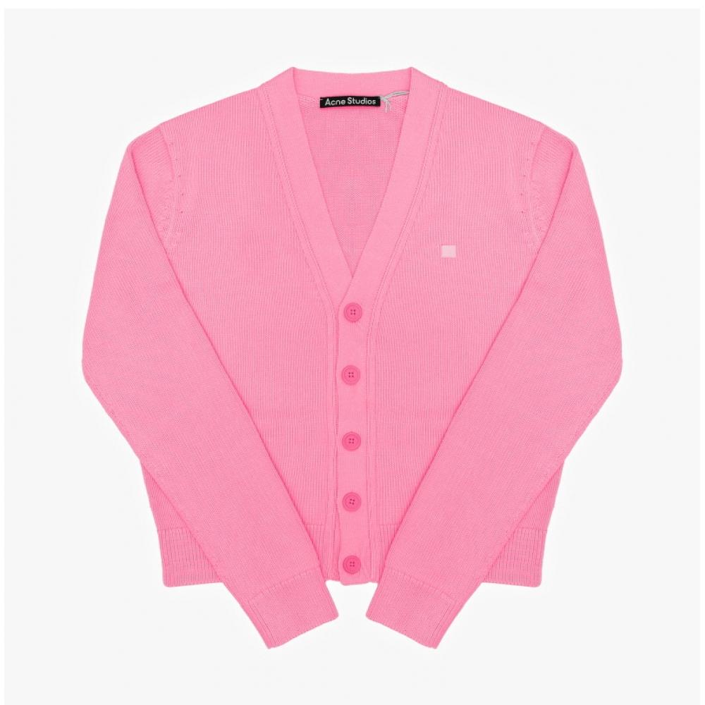 Acne Studio C60104 Cameo Pink  Drm  Face Logo Patch V Neck Public Cardigan