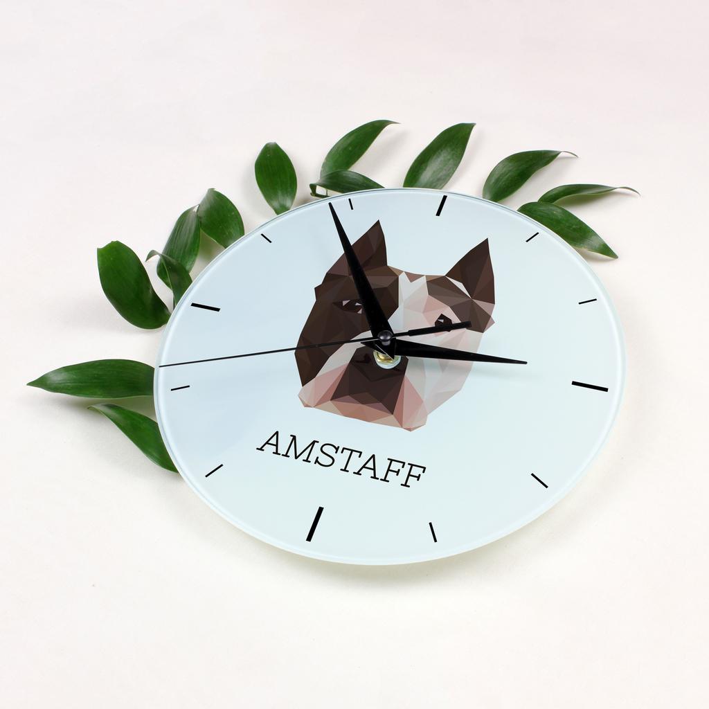 Amerykański Staffordshire Terrier, Amstaff, Amstaf -Geometryczny Zegar Ścienny Ze Zdjęciem I Napisem Marki Art-Dog