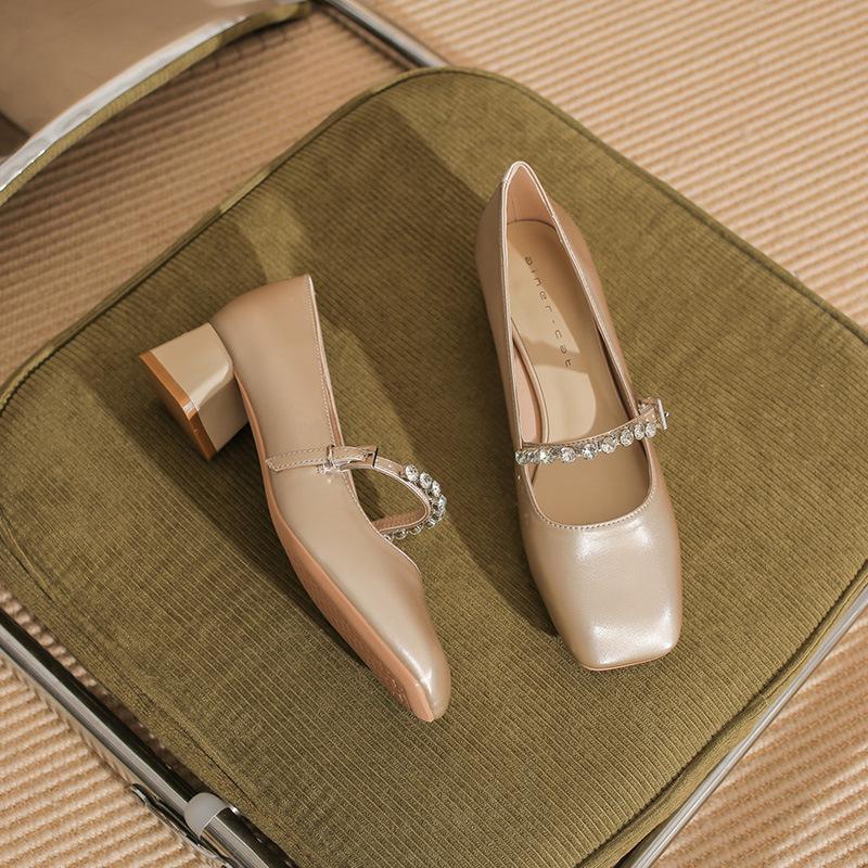 57706 [sheepskin] high heels women's thick heel 2025 new square head rhinestone one-word buckle Mary Jane single shoes