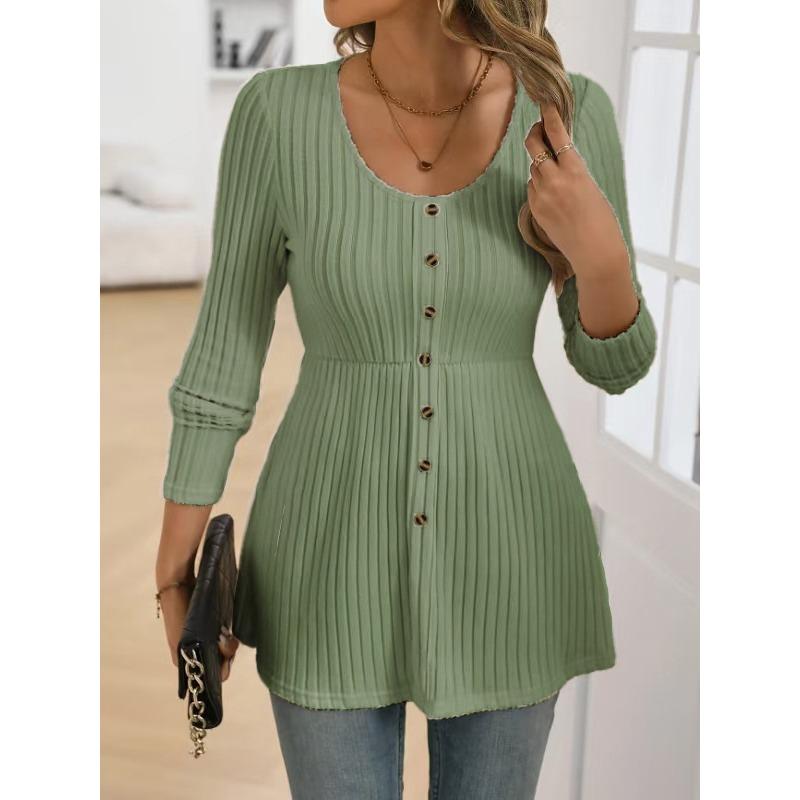 Women S Plus Size Solid Long Sleeve Round Neck Top With Button Decoration