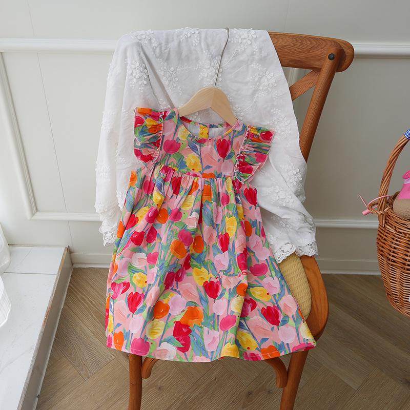 Tulip Sweet Round Neck Girls' Summer Dress with Small Flutter Sleeves, Cotton Princess Style - Stylish Children's Clothing for 2026.
