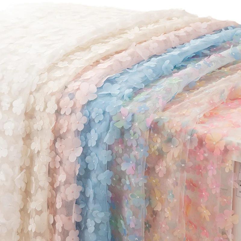 1 Yard DIY Handmade High Quality Lace Mesh Embroidery Sequin 3D Flower Tulle Fabric DIY Dress Bow Clothes Decor Crafts