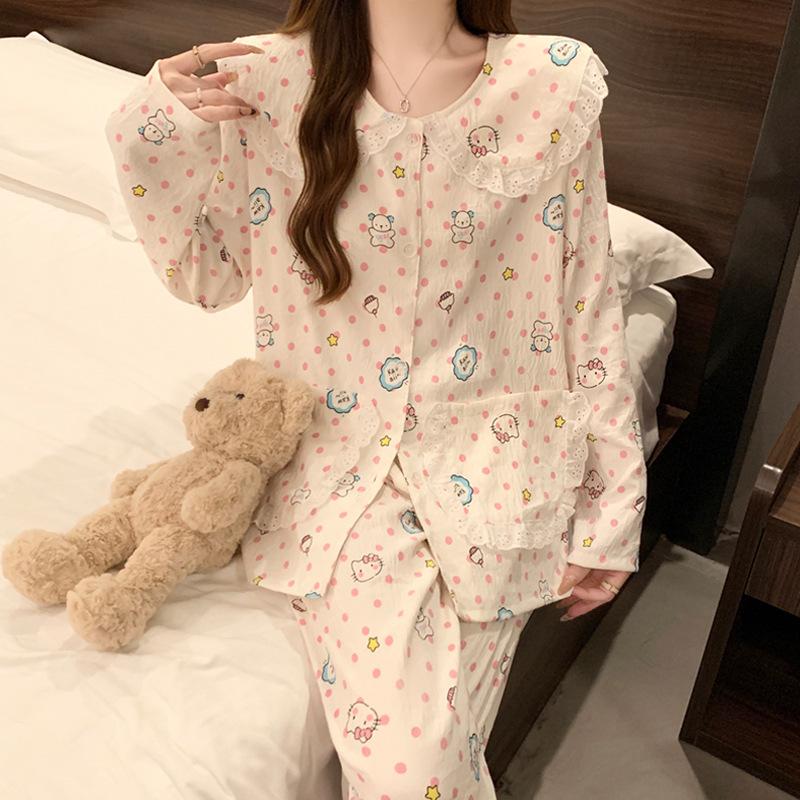 Doll Collar Pajamas Women'S Long-Sleeved Cartoon Polka Dots Cute Cloud Cotton Loungewear Suit Can Be Worn Outside