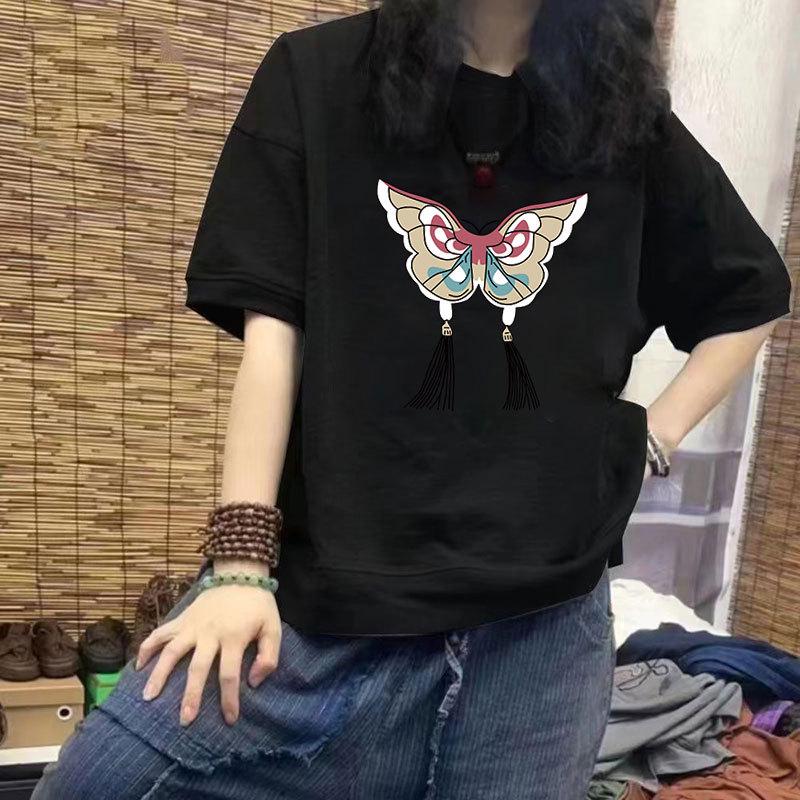 

Женская повседневная футболка с коротким рукавом из 100% хлопка, свободного кроя, с модным принтом и приталенным дизайном 3XL (160-180 jin) чёрный