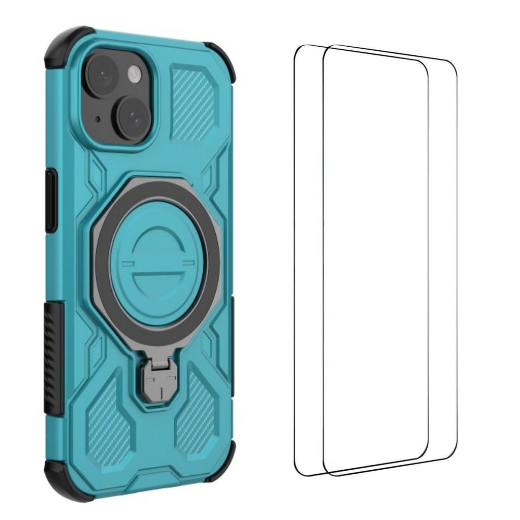 For iPhone 15 Case Kickstand with 2Pcs Screen Film WANLONFENG KJ Series PC TPU Phone Cover (Big Lens Hole)
