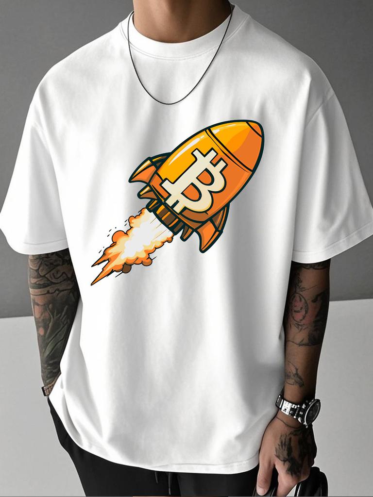 Unisex Summer Casual Short Sleeve T Shirt Bitcoin Rocket Graphic Print Oversized Loose Tees Streetwear Daily Fashion Tops