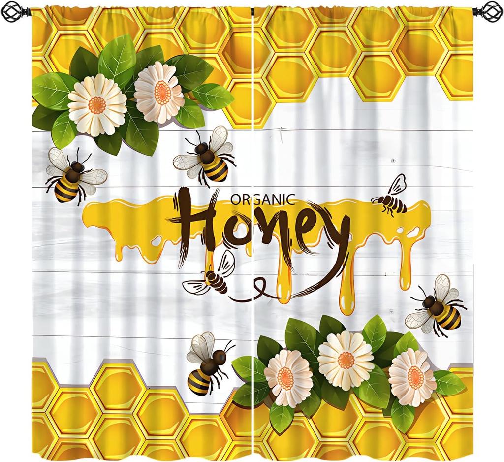 Rustic Honey Bee Curtains Honeycomb Daisy Floral Window Treatments Insulated Drapes Panel Sets Curtain With Rod Pocket Thermal Polyester