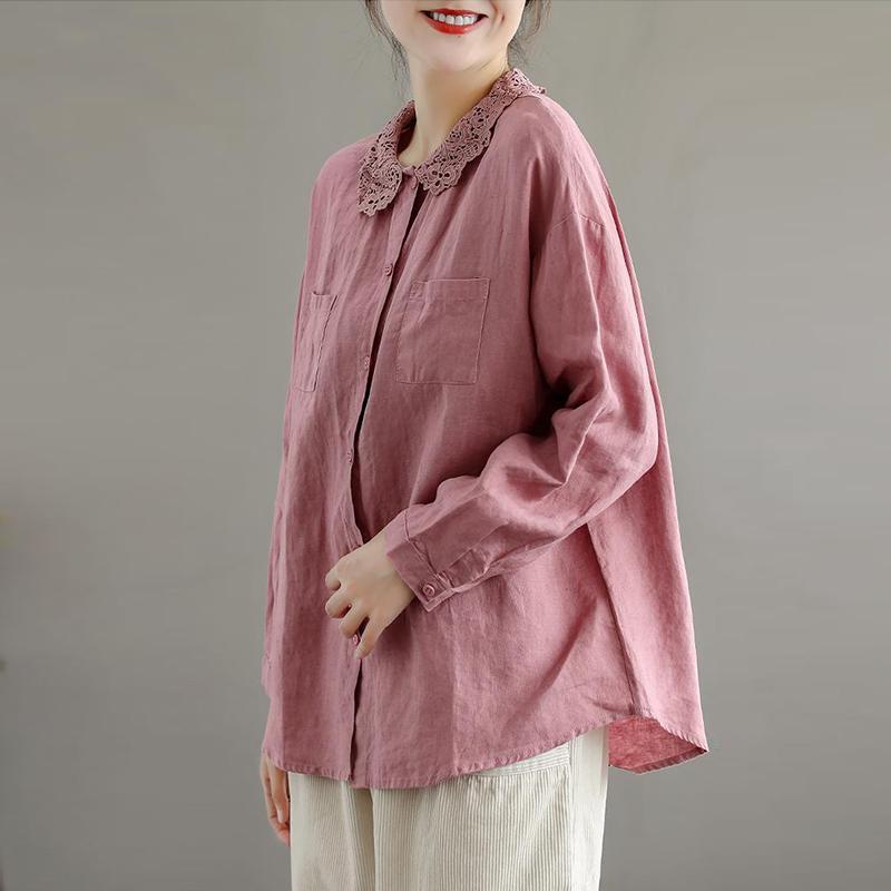 Frühling Herbst Ethnisch Vintage Stil Spitze Rollkragen Baumwollbluse Dame Langarm Allround Knöpfe Oberteil Frauen Locker Lässiges Hemd