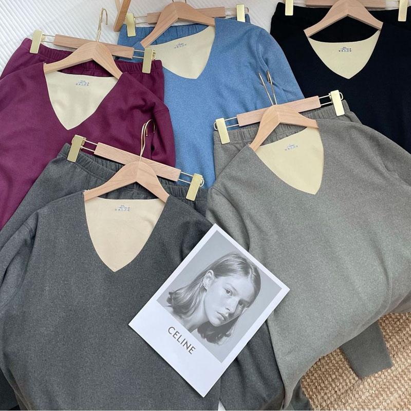 Autumn Winter Man Woman Warm Clothing Long Johns Underwear Legging High Flexible V-Neck Solid Color Pajamas Sets Long Sleeve T-Shirts + Trousers