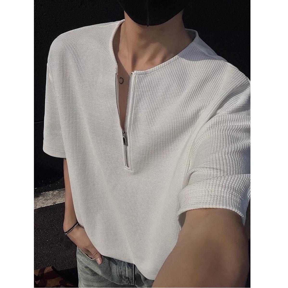 

Вафельная футболка с полумолнией Мужская с коротким рукавом Летняя Тренд Мужской Летний Стиль Американская Футболка Хенли Футболка с полурукавом 3XL белый