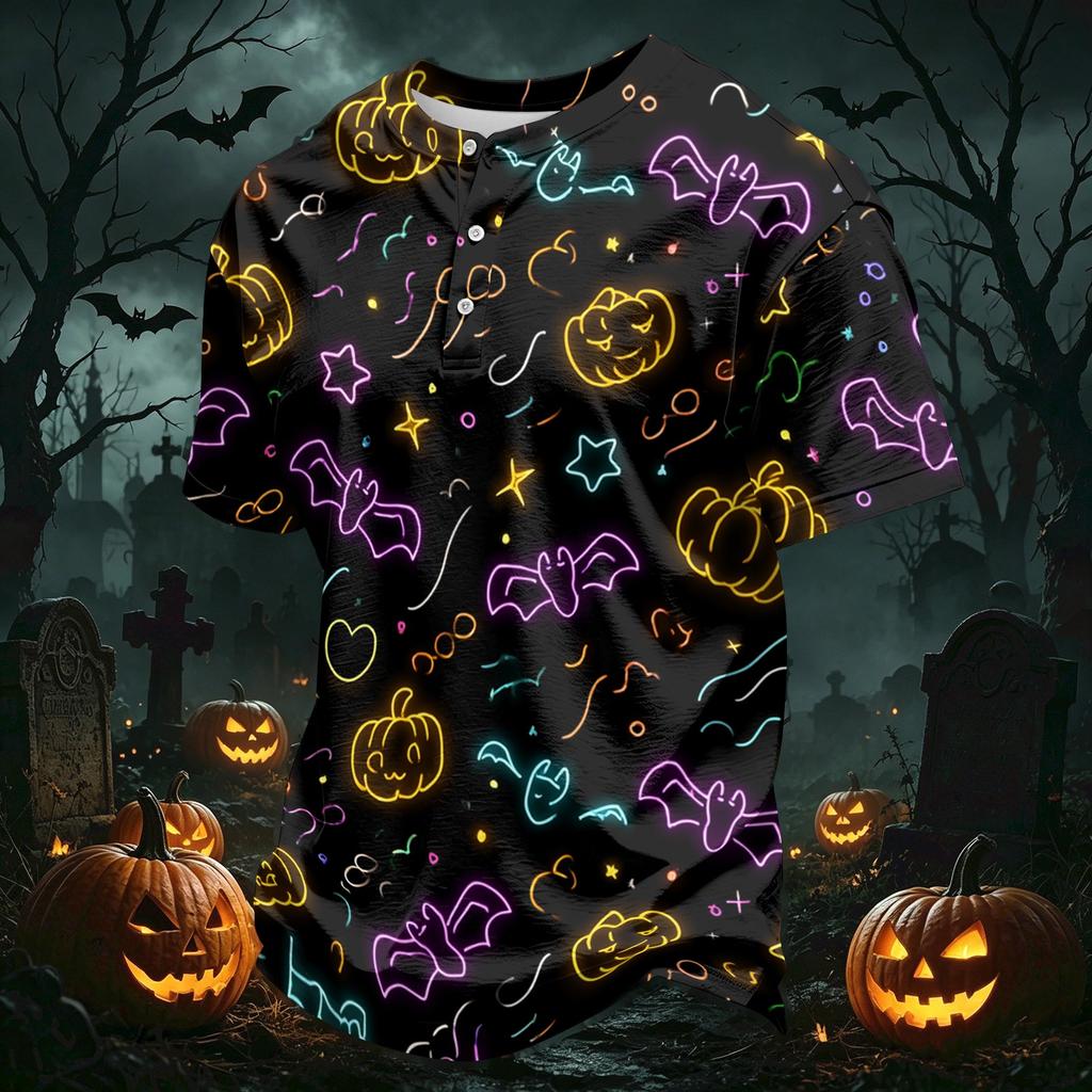 Męska casualowa koszula z kołnierzykiem na guziki, lekka, oddychająca, z krótkim rękawem, z nadrukiem w stylu Halloween, wygodny krój