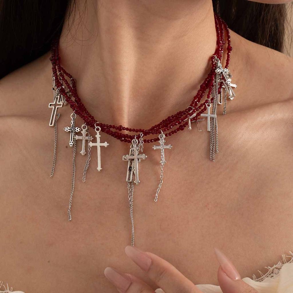 Hip Hop Style Neck Chain Vintage Cross Tassel Multi-Layer Crystal Necklace Heavy Industry Personality Clavicle Chain