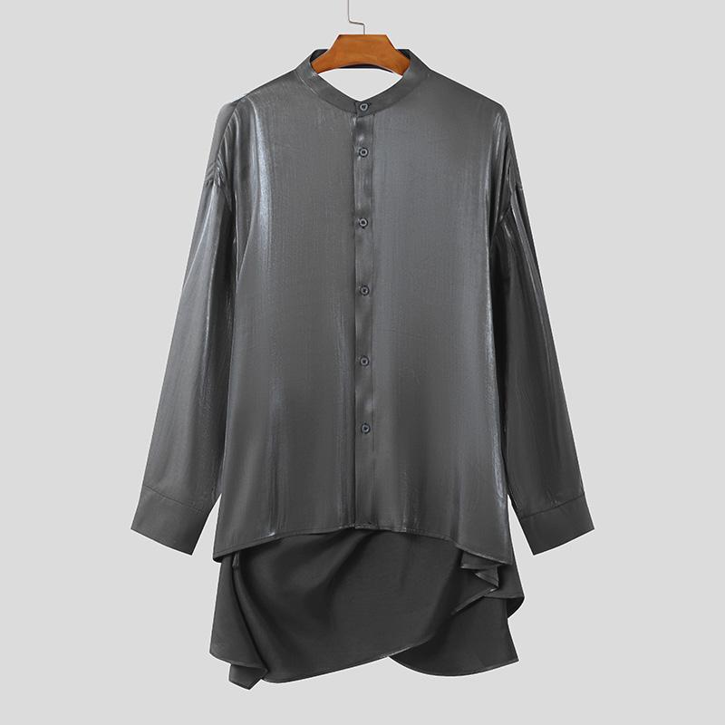 INCERUN Ανδρικά Γκλίτερ Πουκάμισα Μακρυμάνικα Κουμπιά Μονόχρωμα Ανοιχτή Πλάτη Τοπ με Μπαντάζ