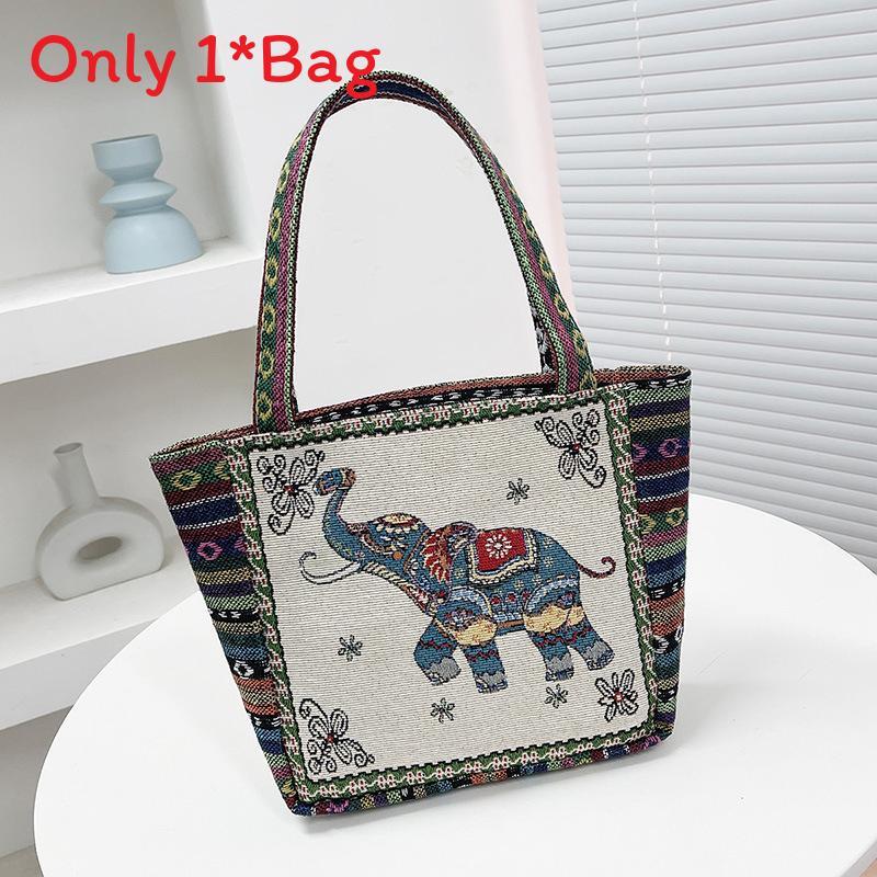 Elephant Embroidered Canvas Handbag With Dual Handles For Casual Daily Use