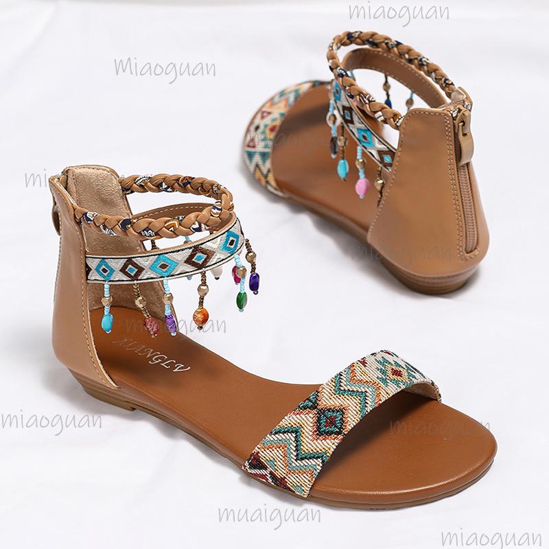 Women's Sandals 2025 Summer Back Zipper Beaded Tassel Women Shoes Ethnic Style Roman Sandals Bohemian Sandalias De Mujer