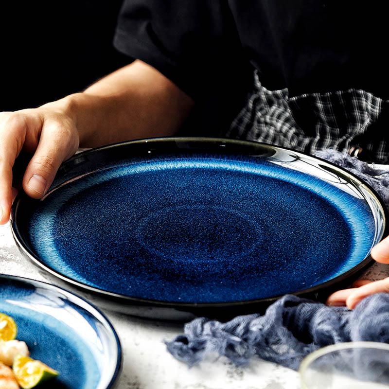 1pc Blue Ceramic Dinner Plate Cat Eye Design Dinner Dishes Round Salad Dessert Serving Plate Kitchen Dinnerware 8/10 inch