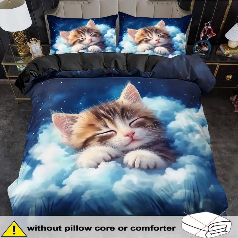 Lovely Cute Cat 3D Print Bedding Set Cozy Duvet Cover King Queen Twin Single Size Birthday Gift Girl Boy Kid Bedroom Decoration
