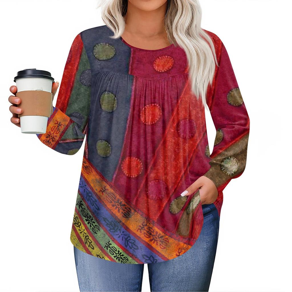 Womens Plus Size Tops Long Sleeve Shirts Round Neck Flowy Tunic Casual Loose Blouse L-5X