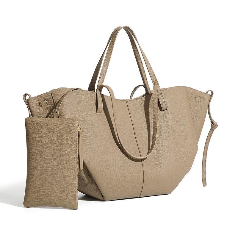 Cross-border Bestseller Top-grain Leather Large Tote Bag for Women, Versatile for Shopping, Simple Two-piece Set Genuine Leather Bag