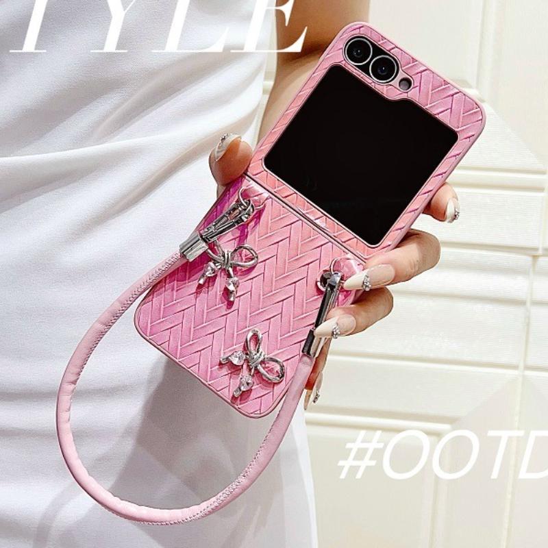 Luxury Gradient 3D Bow Weave Pattern Phone Case for Samsung Galaxy Z Flip 3 4 5 6 5G Flip6 With Lanyard Shockproof Back Cover