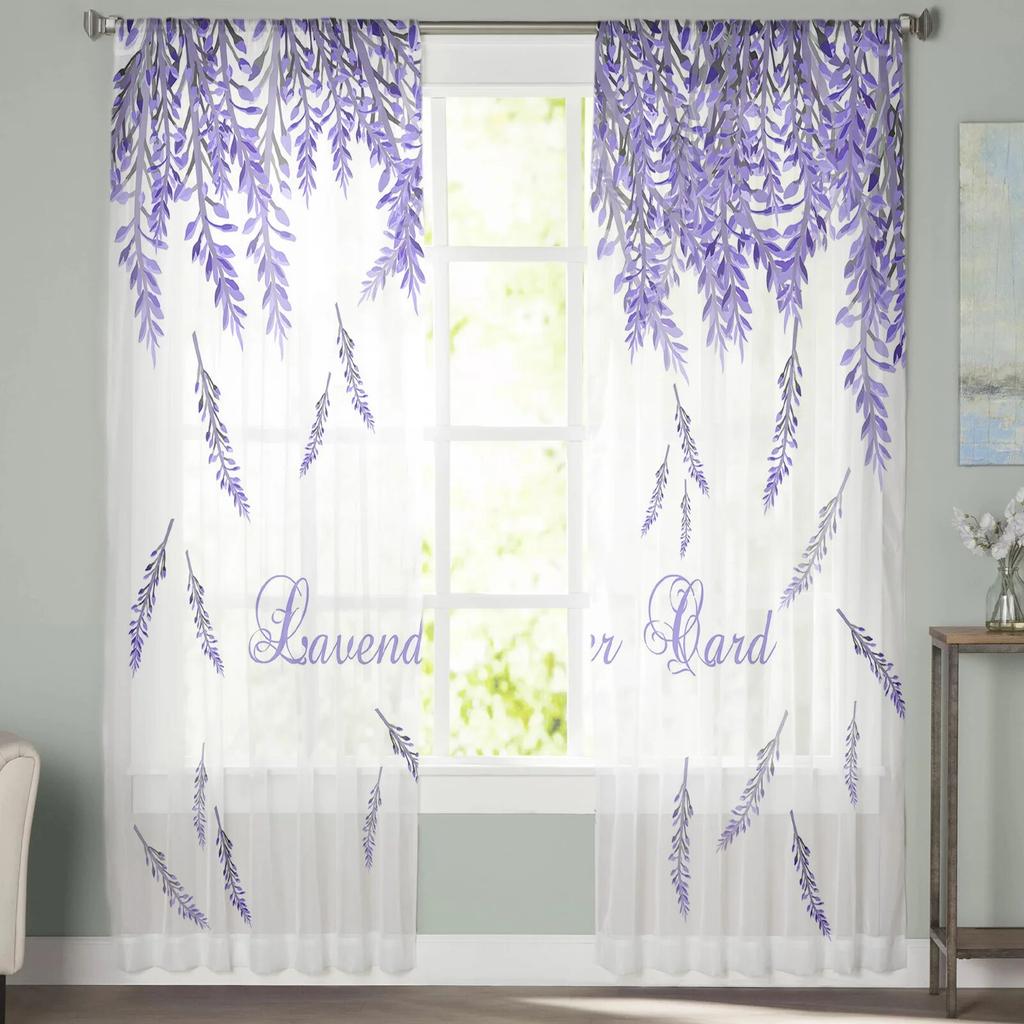 Lavender Island Flower Chiffon Sheer Curtains for Living Room Bedroom Home Decoration Window Voiles Tulle Curtain