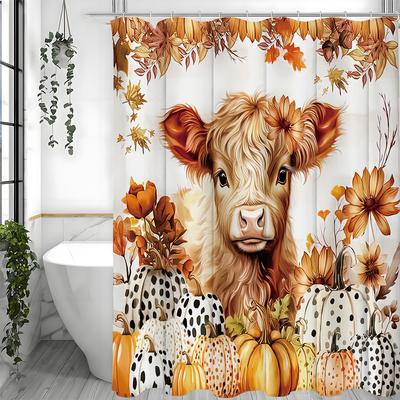 Fall Harvest Pumpkin Calf Floral Shower Curtain, Bathroom Decorative Shower Curtain, Waterproof Shower Curtain with Hooks