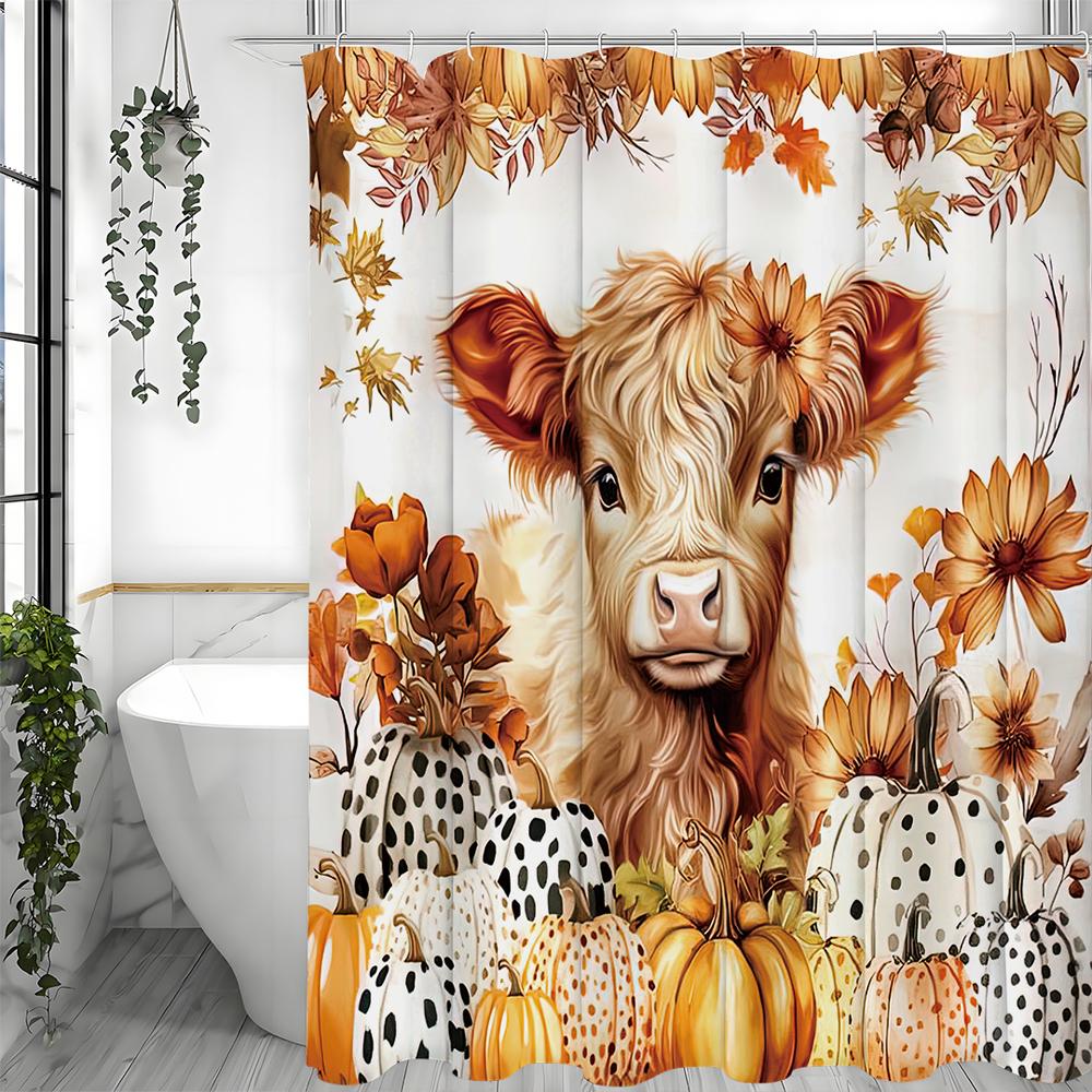 

Fall Harvest Pumpkin Calf Floral Shower Curtain, Bathroom Decorative Shower Curtain, Waterproof Shower Curtain with Hooks 90*180cm