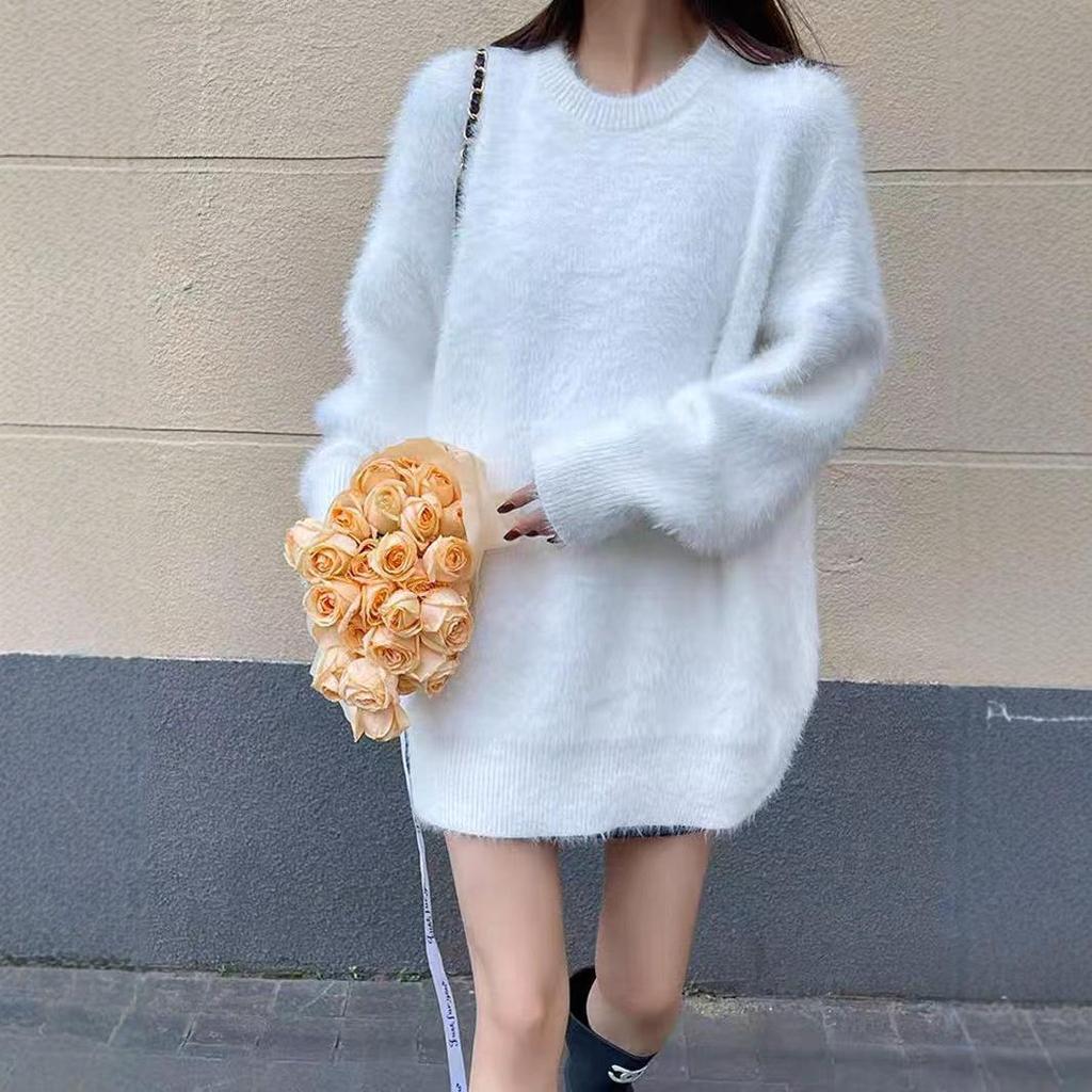 Women's Korean Style Loose Mink Cashmere Pullover Sweater - Candy Color, Thickened, Autumn/Winter Knit
