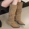 Fashion Women High Boots Sexy Pointed Toe High Heels Shoes Suede Pleated New Winter Fashion Chelsea Boots Dress Party  Pumps Woman Botas