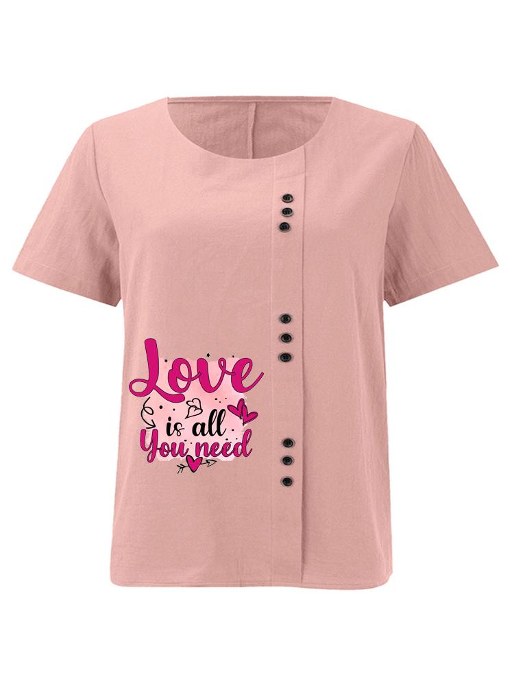 Women s Fashion Red Love Flower Letter Print Shot Sleeve T-shirt Loose Cotton Shirt Casual Loose Summer Plus Size Blouse Tops S розовый
