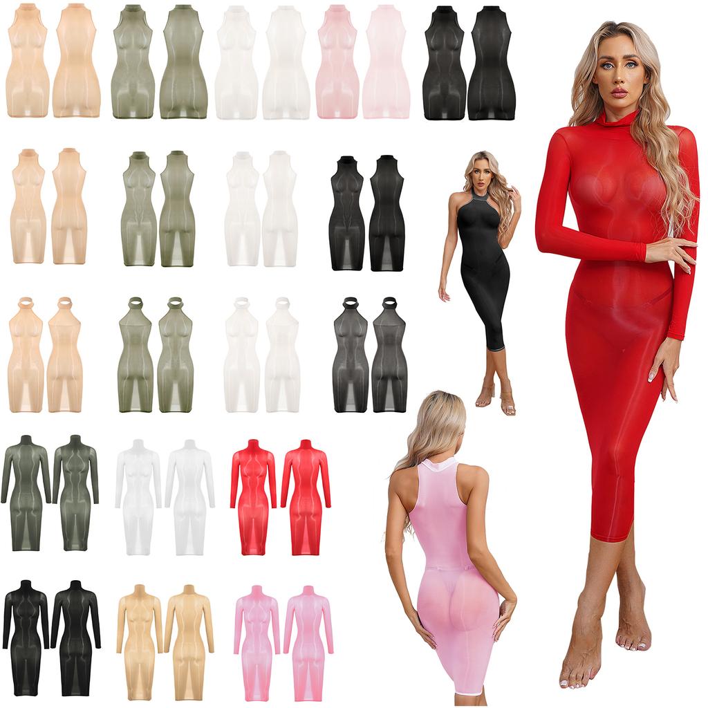 Womens Glossy Bodycon Lingerie Dress High Stretch Fabric Nightclub Attire