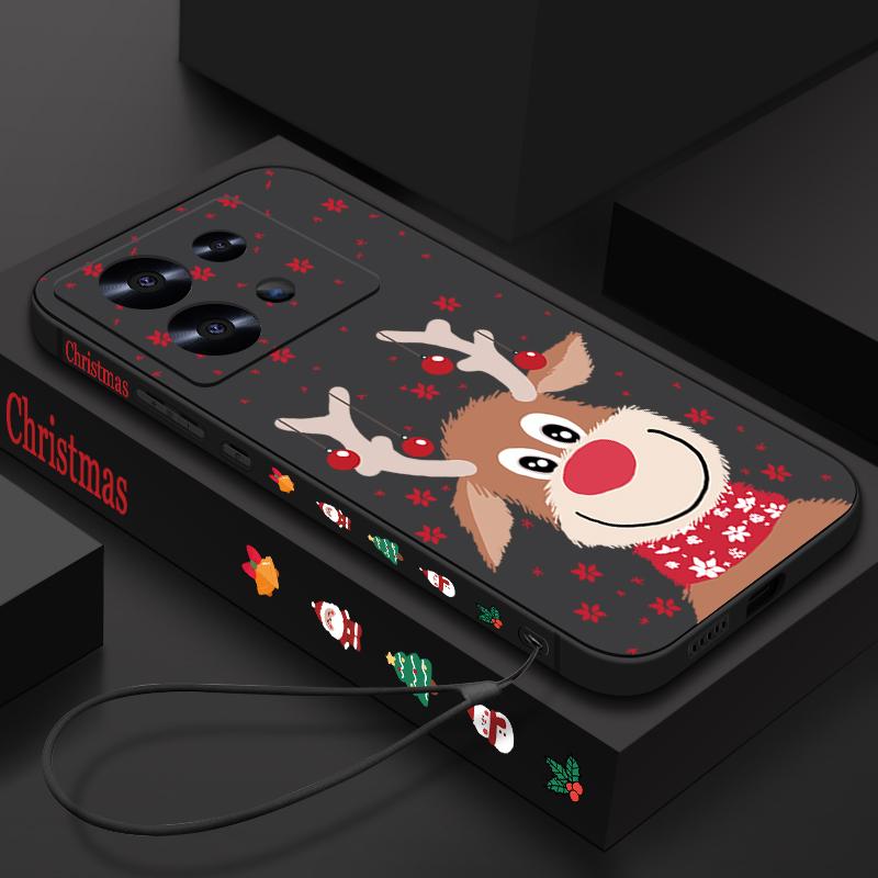 Cute Christmas Elk Printed Lanyard Phone Case For Xiaomi Redmi Note 14 13 12 Pro Note 13 14 Pro Plus 5G 13 13C 4G 11 10 Pro Silicone Cover
