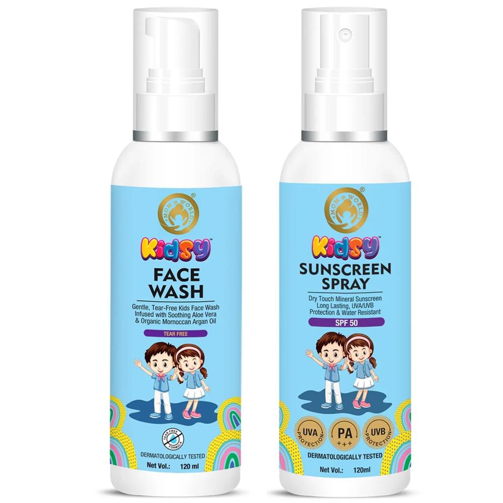 Mom & World Kidsy Face Wash Tear Free, 120ml + Kids Sunscreen Spray SPF 50