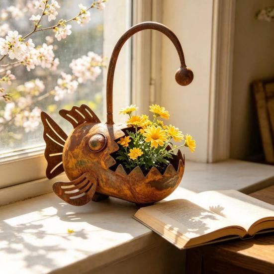 Rustic Iron Planter, Fish Shaped Design, Decorative Metal Flower Pot for Succulents Cactus Plants, Rustproof Garden Patio Porch Balcony Yard Lawn