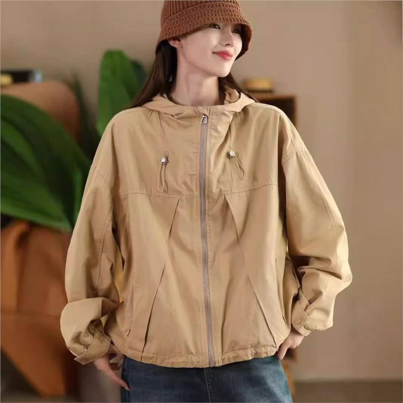 Johnature Woman Autumn Drawstring Long Sleeves Loose Casual Coat Solid Color Zipper Hooded Splicing Coat
