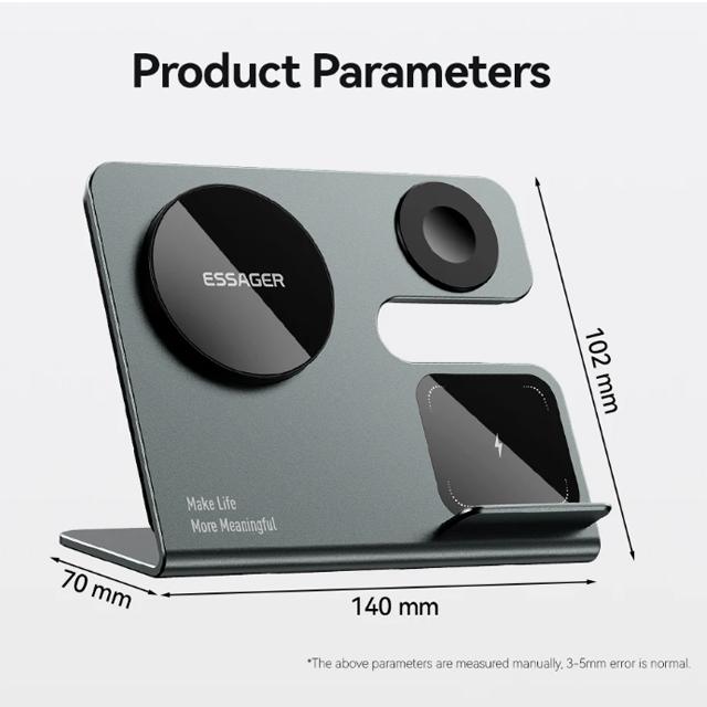 Essager Încărcător magnetic de birou fără fir 3 în 1 PD15W Stație de încărcare rapidă pentru iPhone 15 14 13 12 Pro Max Apple Watch Airprods