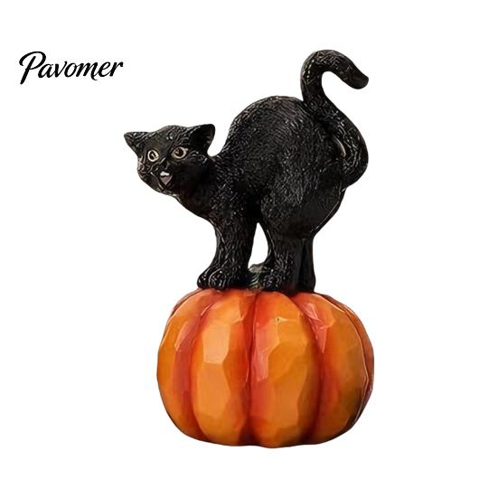 Black Cat Sculpture with Pumpkin Halloween Ornament, Vintage Wood Carving Style Decorative Resin Crafts for Entrance Figurine, Spooky Tabletop