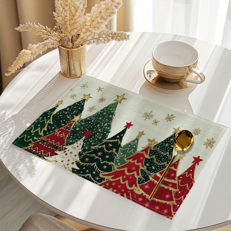 4pcs/set Christmas Tree Placemats Linen Table MATS Rectangular Woven Holiday Dining and Kitchen Decoration Home and Party