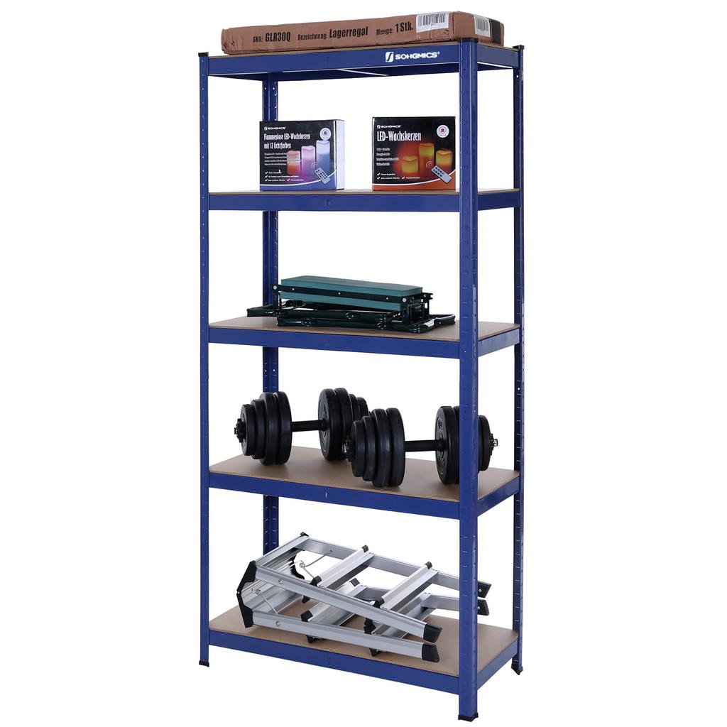 SONGMICS 5-Tier Shelving Unit, Steel Shelving Unit for Storage, Tool-Free Assembly, for Garage, Shed, Load Capacity 650 kg, 30 x 75 x 150 cm, Blue